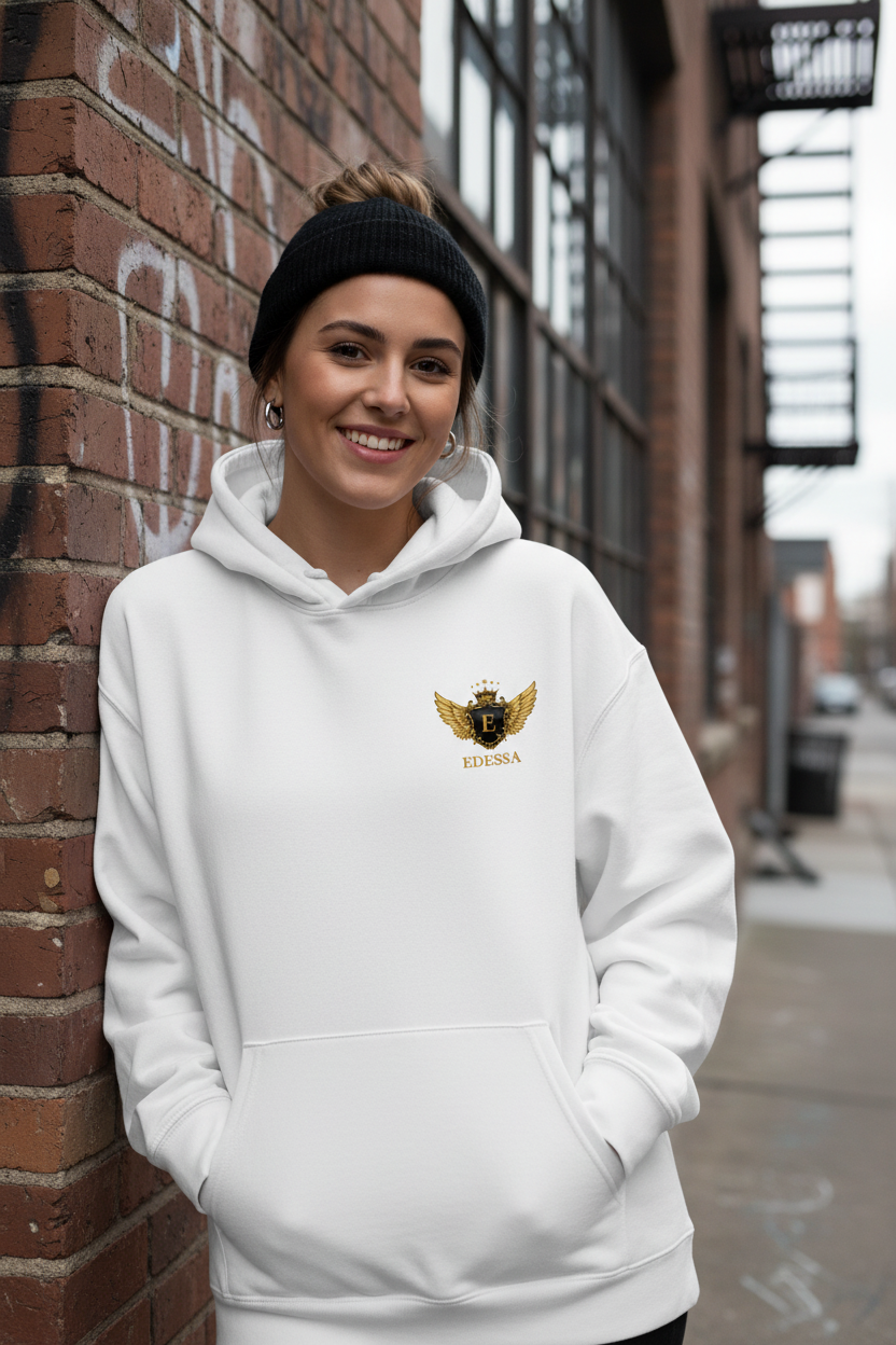 Arctic White Hoodie – Frau mit EDESSA Logo