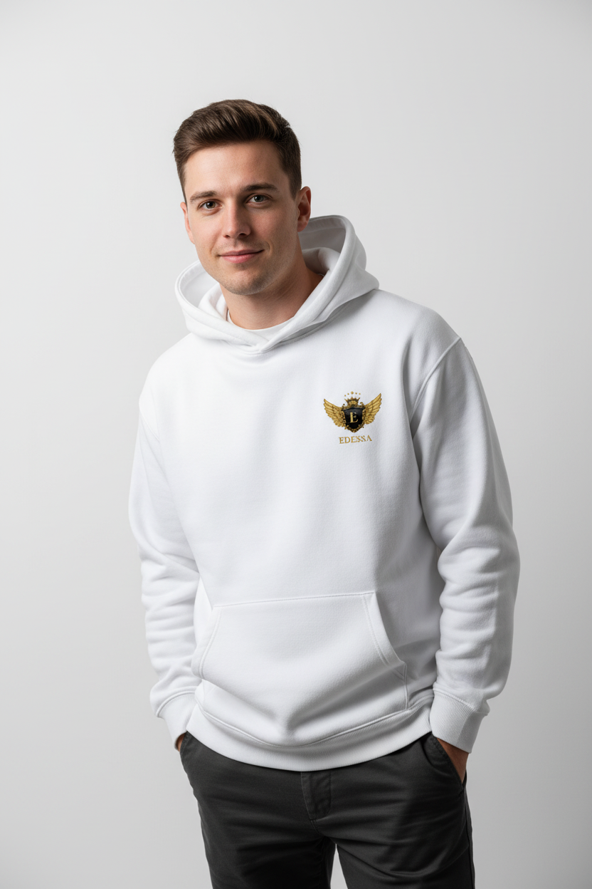 Arctic White Hoodie – Mann mit EDESSA Logo