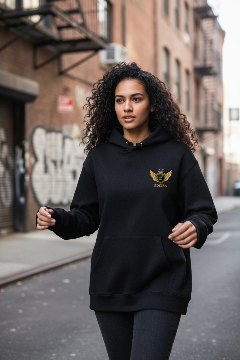 Deep Black Hoodie – Frau mit EDESSA Logo