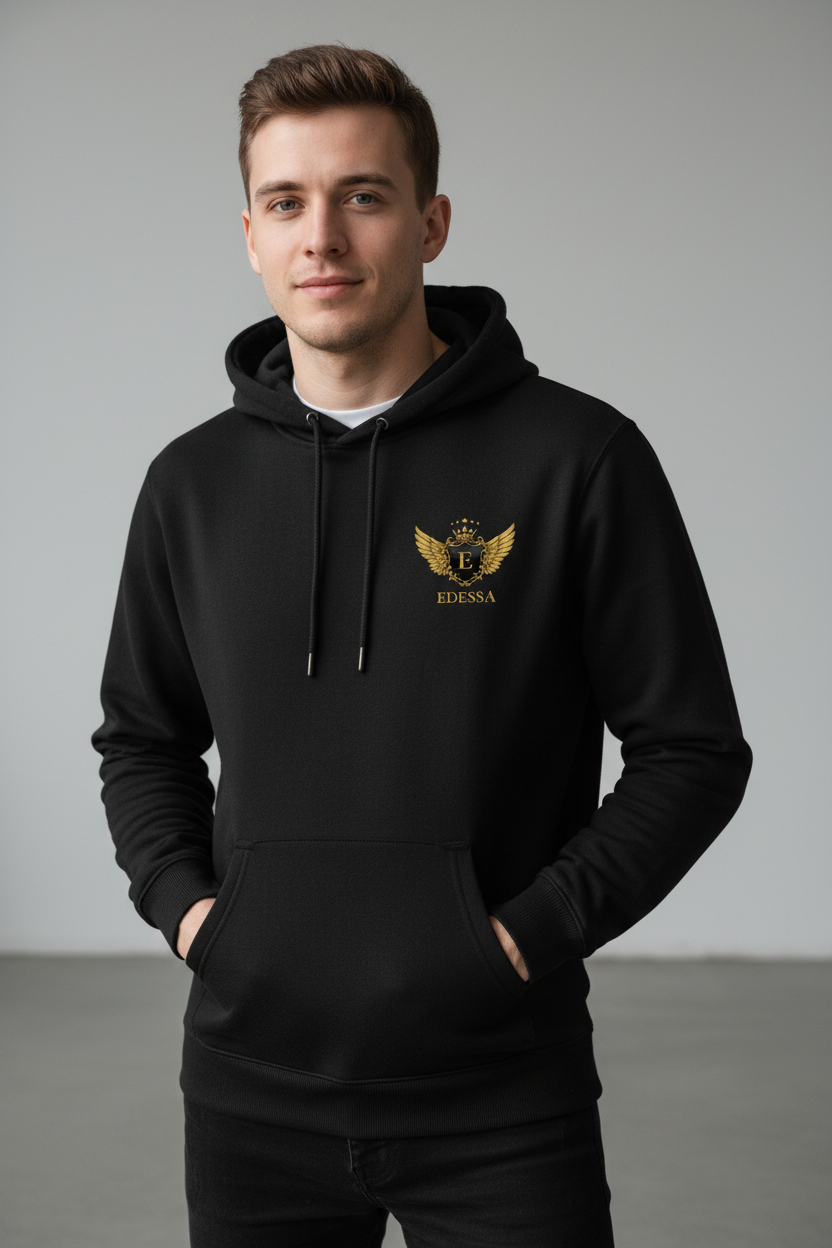 Deep Black Hoodie – Mann mit EDESSA Logo