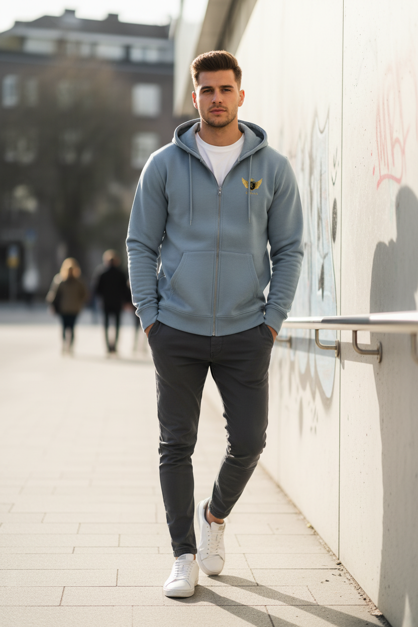EDESSA Champion Zip Hoodie Light Steel – Mann Vorderseite