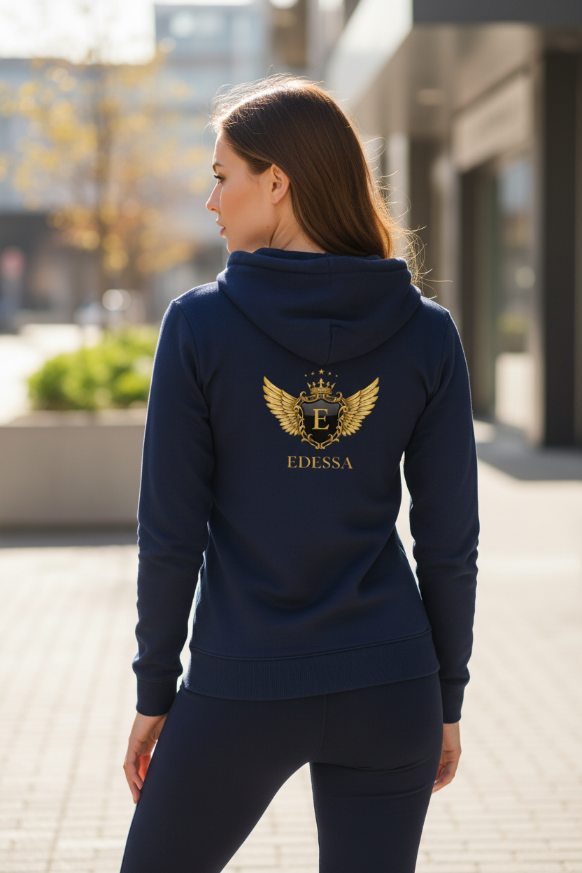EDESSA Champion Zip Hoodie Marine – Frau Rücken mit Logo