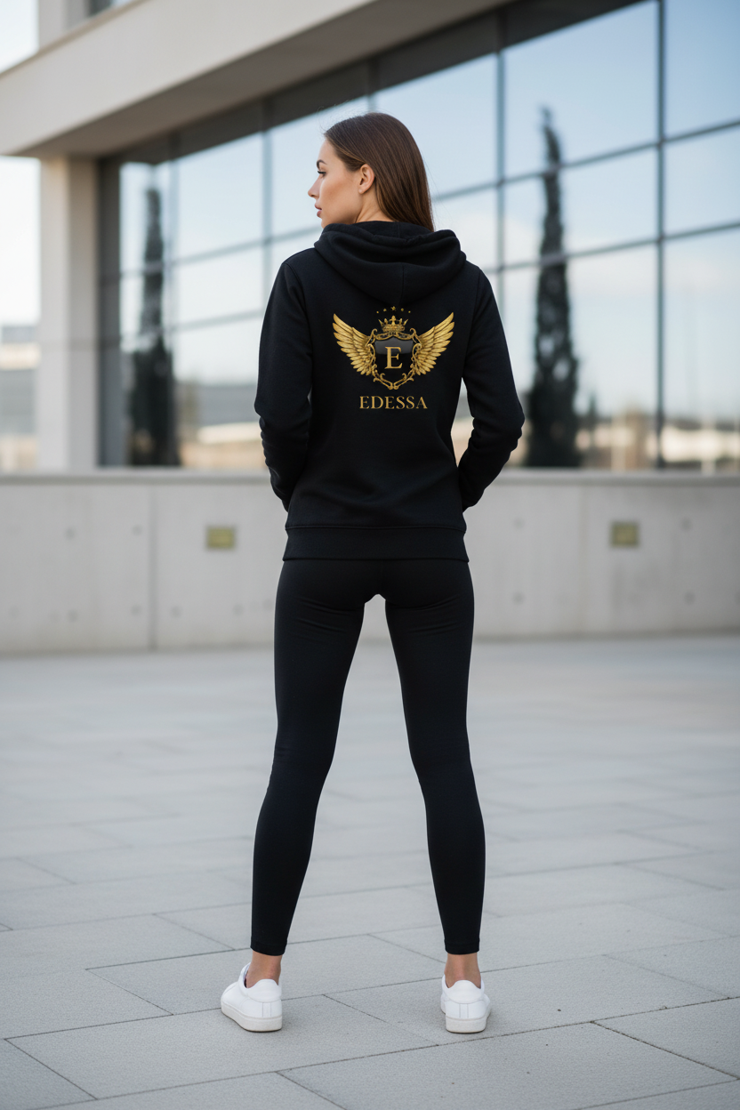 EDESSA Champion Zip Hoodie Schwarz – Frau Rücken, mittelgroß