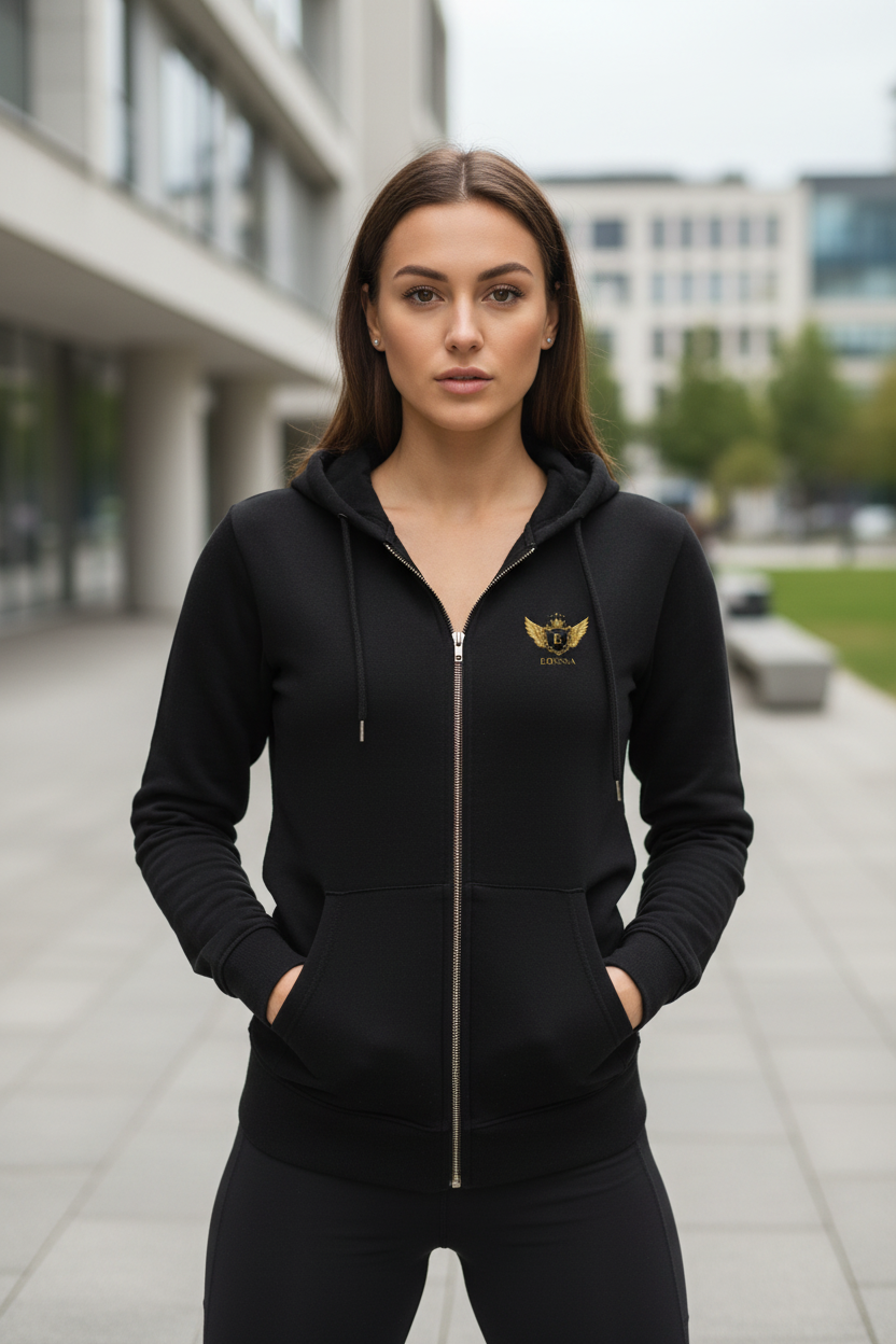 EDESSA Champion Zip Hoodie Schwarz – Frau Vorderseite