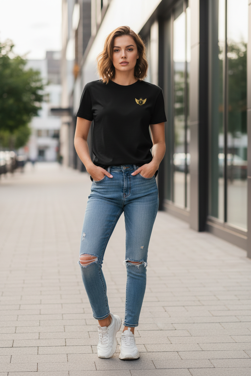 EDESSA Classic T-Shirt Black – Frau, Logo kleiner