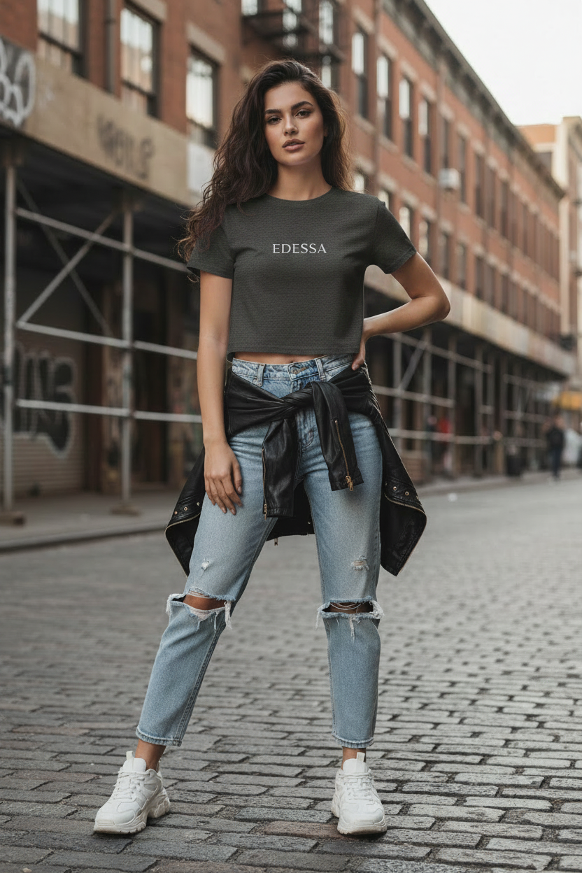 EDESSA Crop-Top Dark Grey Heather – Logo mittig