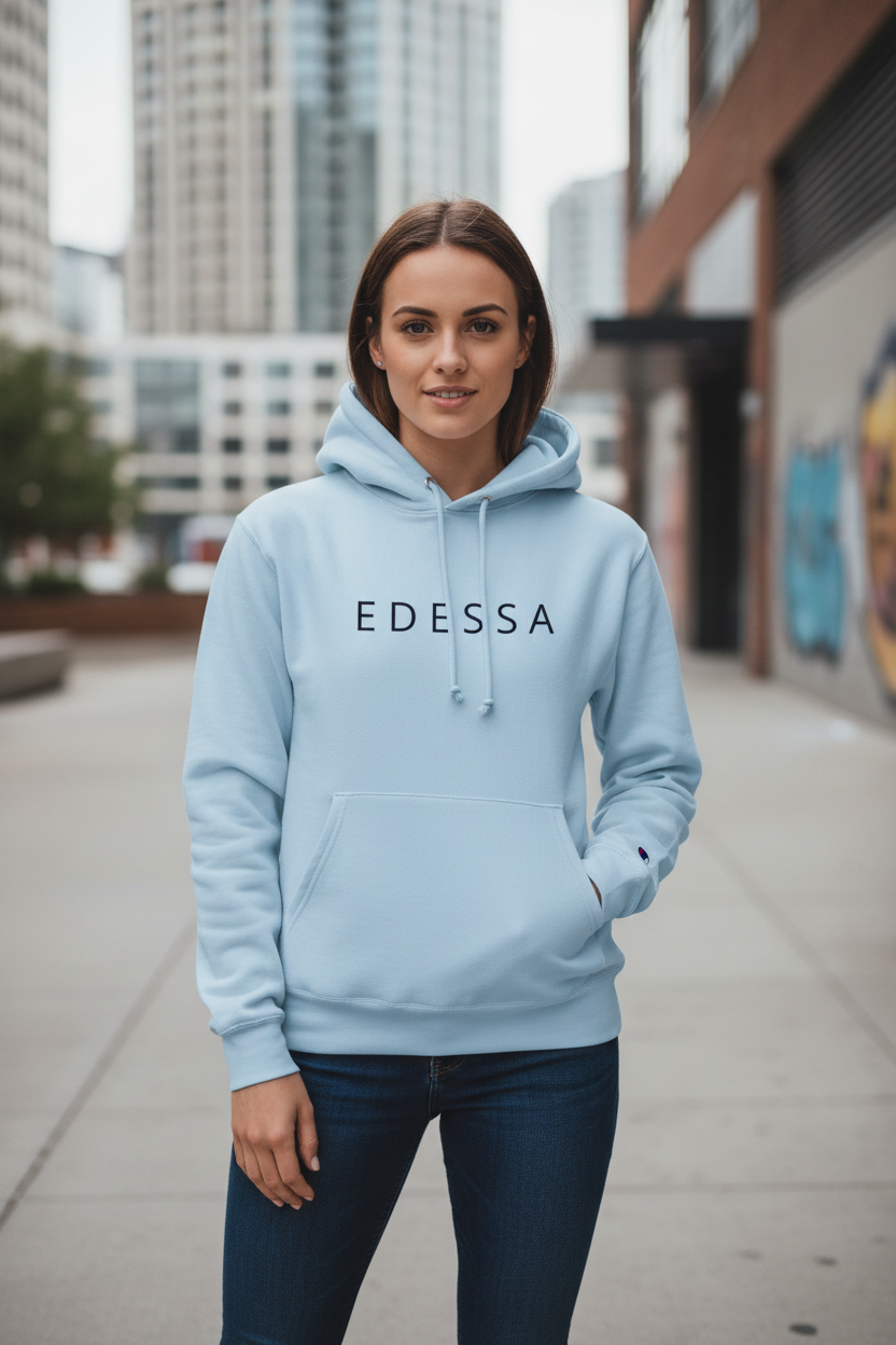 EDESSA Recycled Hoodie Hellblau – Frau Vorderseite