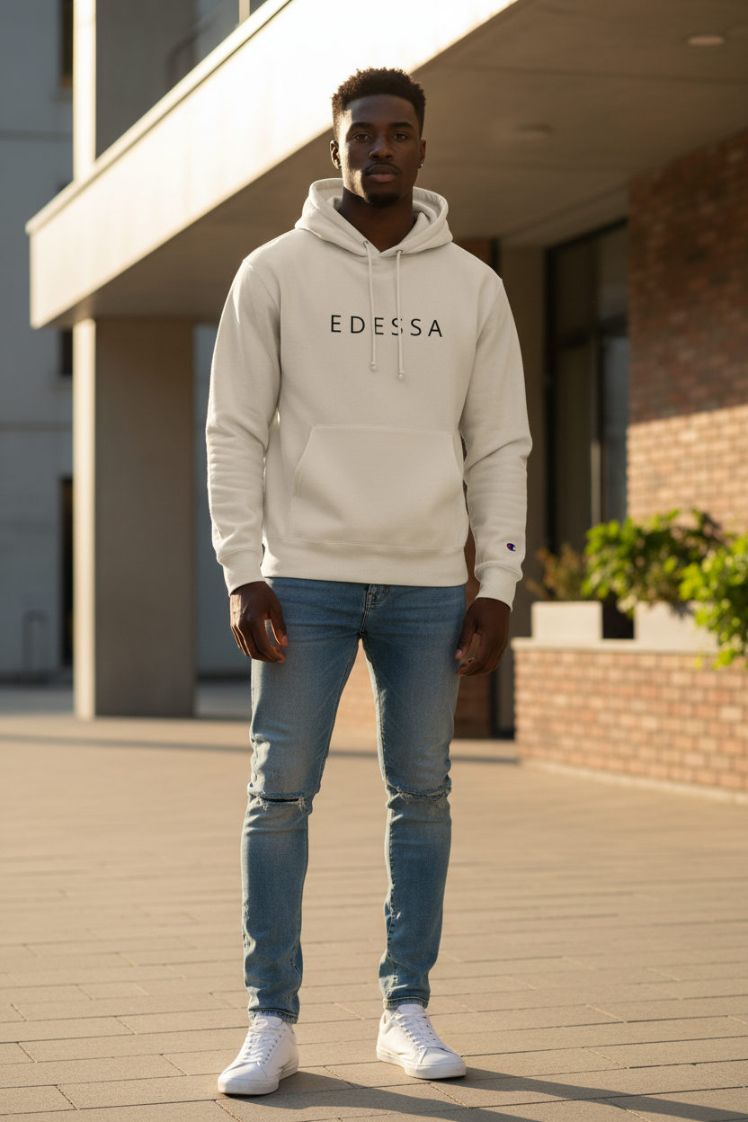 EDESSA Recycled Hoodie Sand – Schwarzer Mann