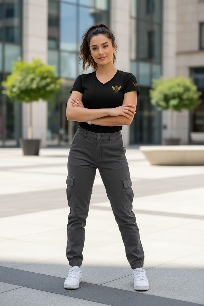 EDESSA V-Neck Black – Frau, Logo kleiner