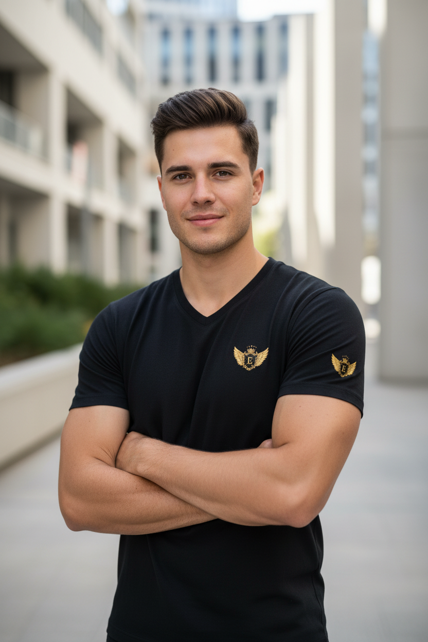 EDESSA V-Neck Black – Mann, Logo Brust + rechter Arm