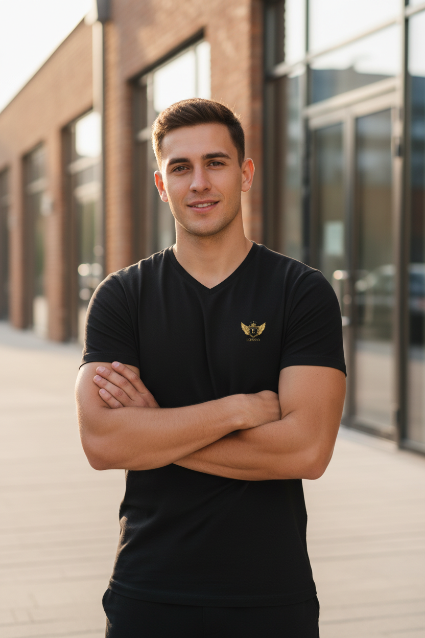 EDESSA V-Neck Black – Mann, Logo noch kleiner