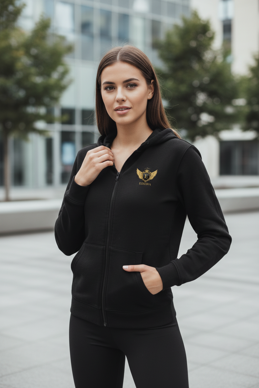 EDESSA Zip Hoodie Black – Frau