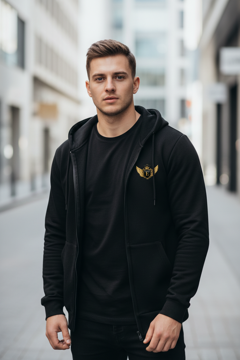 EDESSA Zip Hoodie Black – Mann, nur Brust-Logo