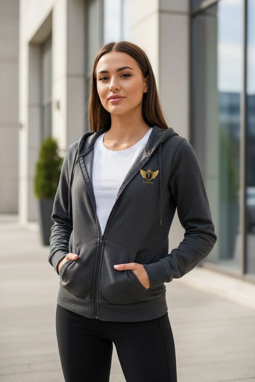 EDESSA Zip Hoodie Charcoal – Frau, Logo kleiner