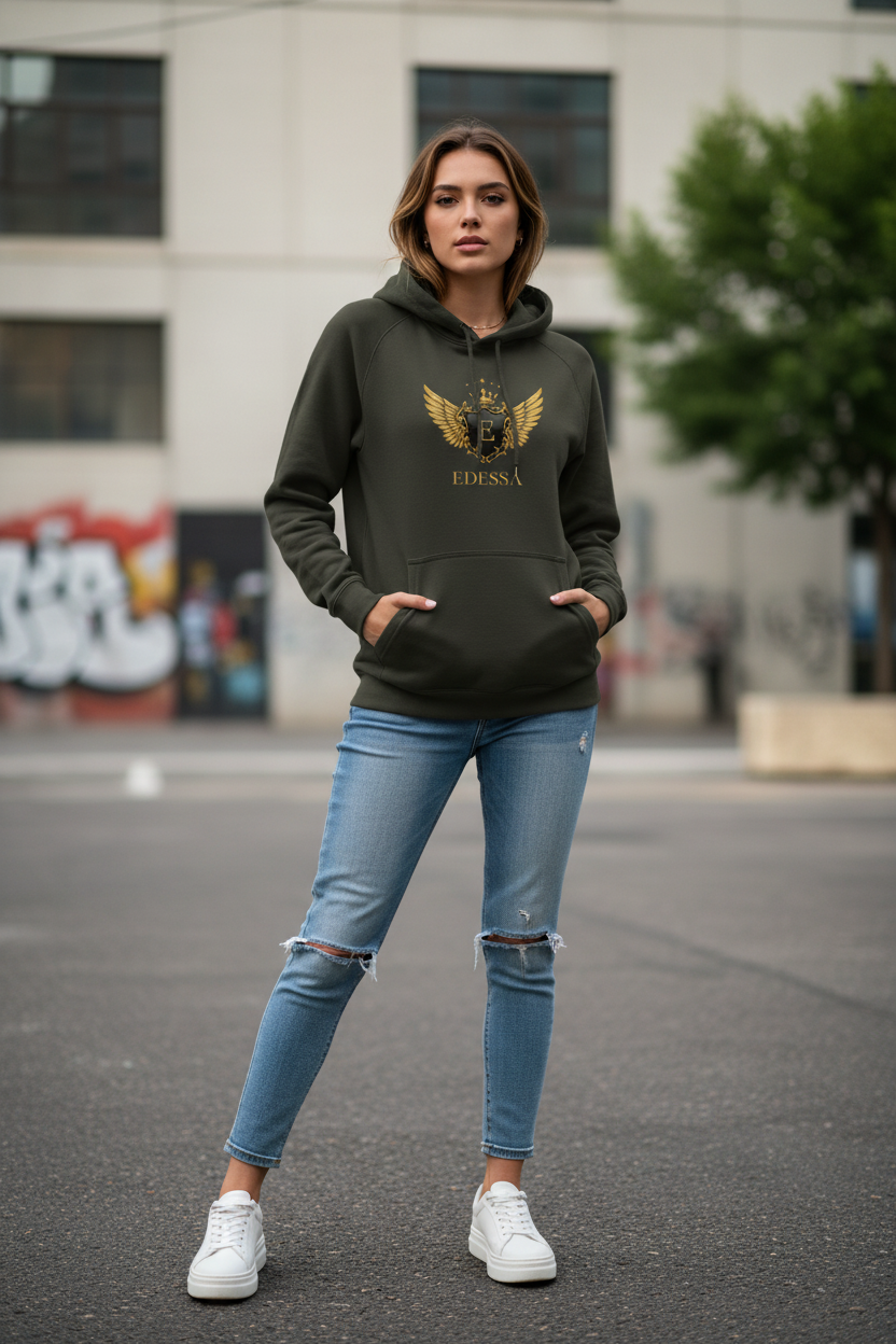 Frau mit EDESSA Hoodie – realistisch