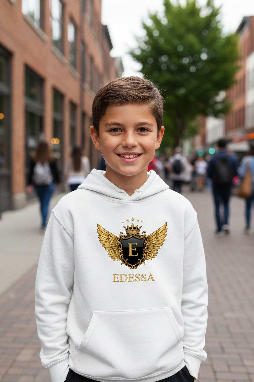 Junge weißer Hoodie EDESSA Logo mittig