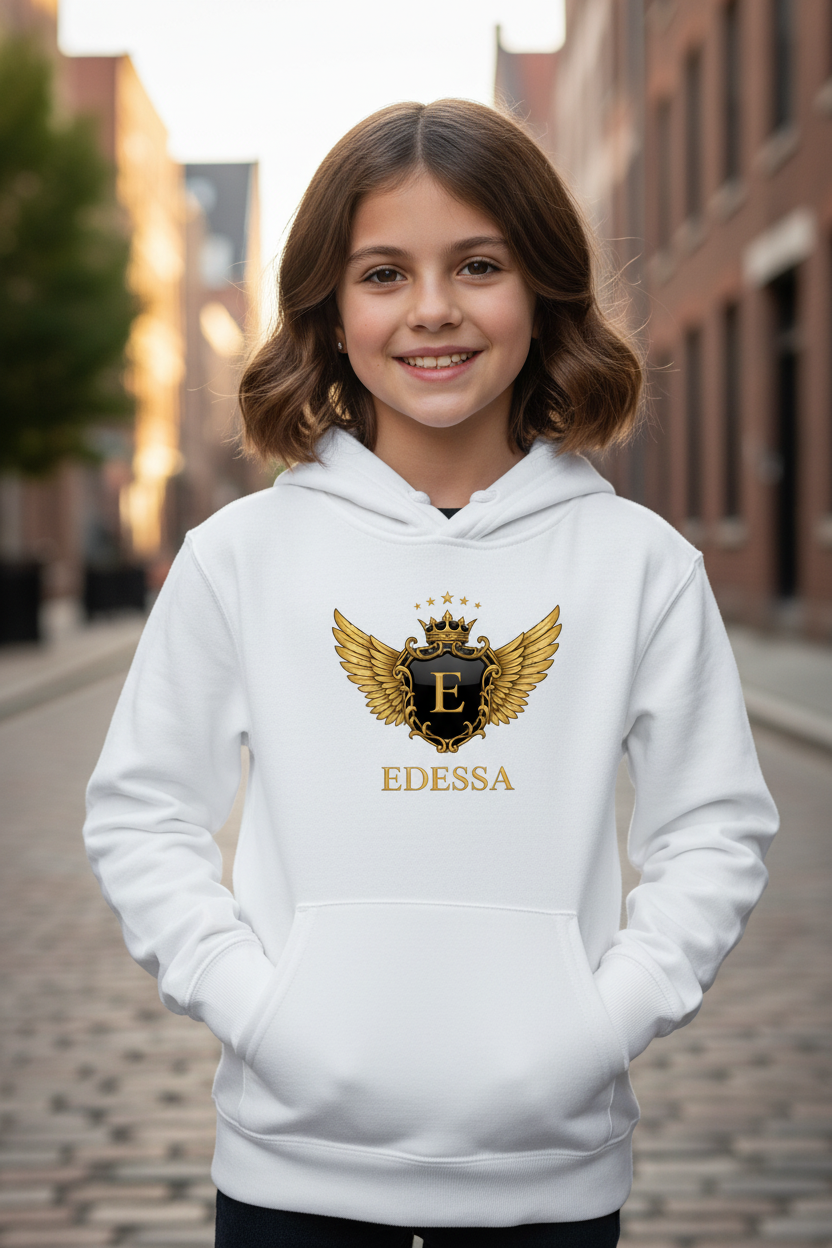 Mädchen weißer Hoodie EDESSA Logo mittig